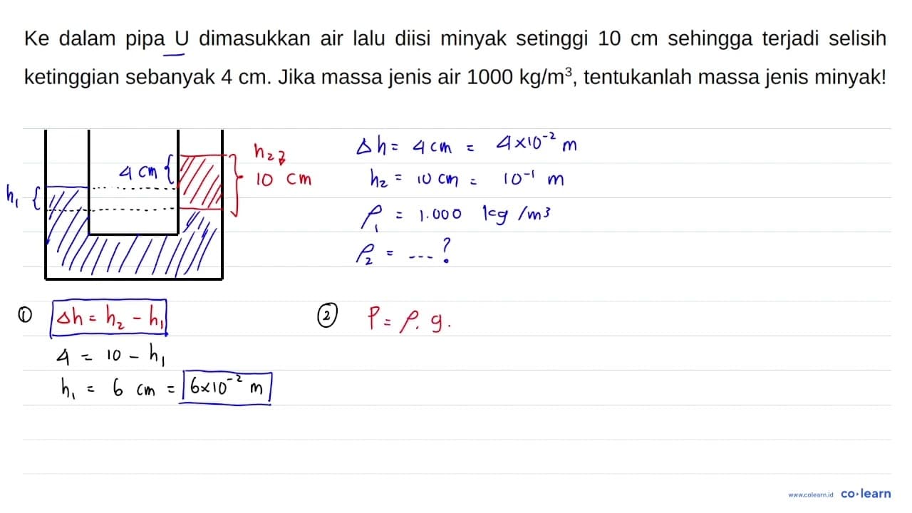 Ke dalam pipa U dimasukkan air lalu diisi minyak setinggi