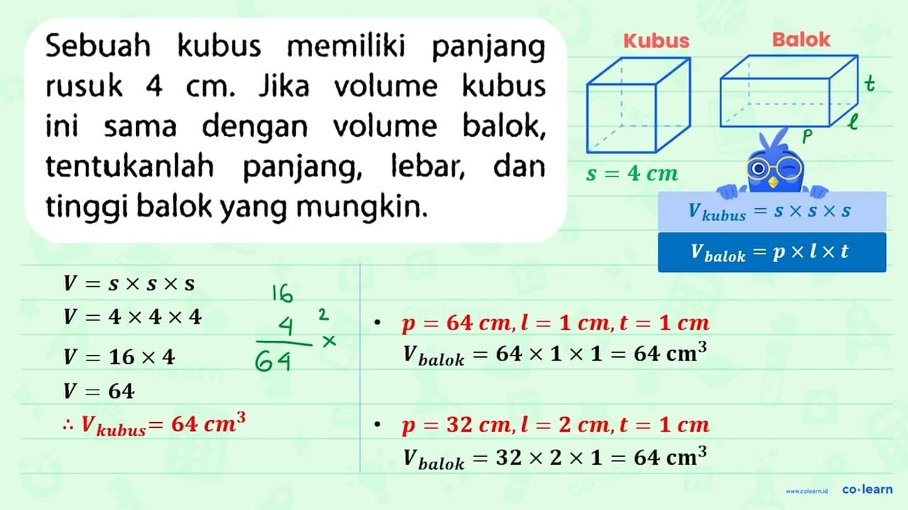 Sebuah kubus memiliki panjang rusuk 4 cm . Jika volume