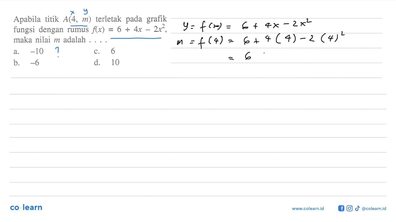 Apabila titik A(4, m) terletak pada grafik fungsi dengan