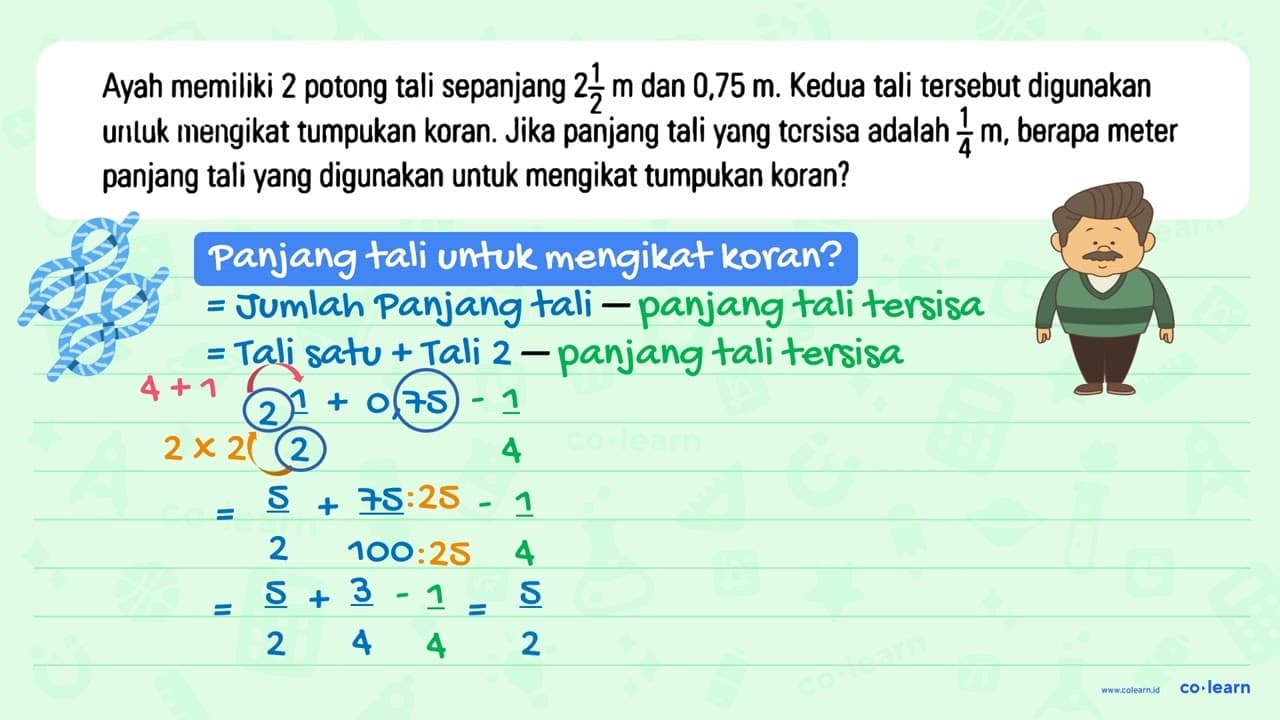 Ayah memiliki 2 potong tali sepanjang 2 1/2 m dan 0,75 m.