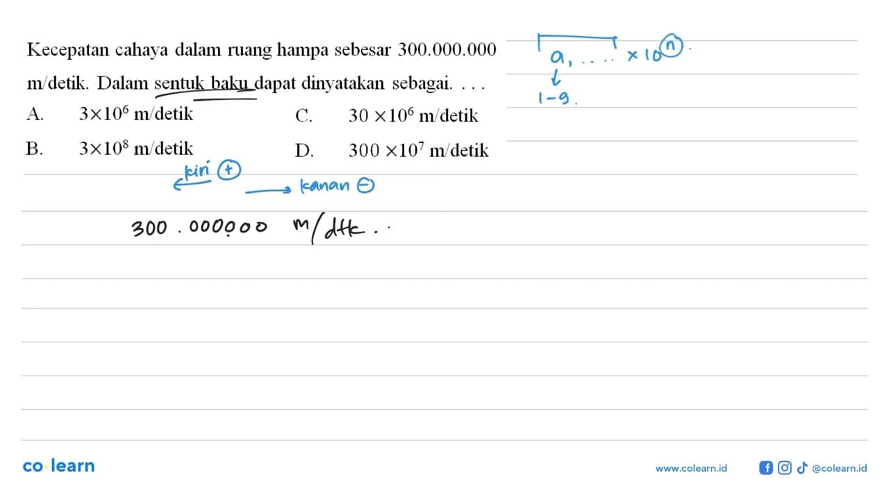 Kecepatan cahaya dalam ruang hampa sebesar 300.000.000