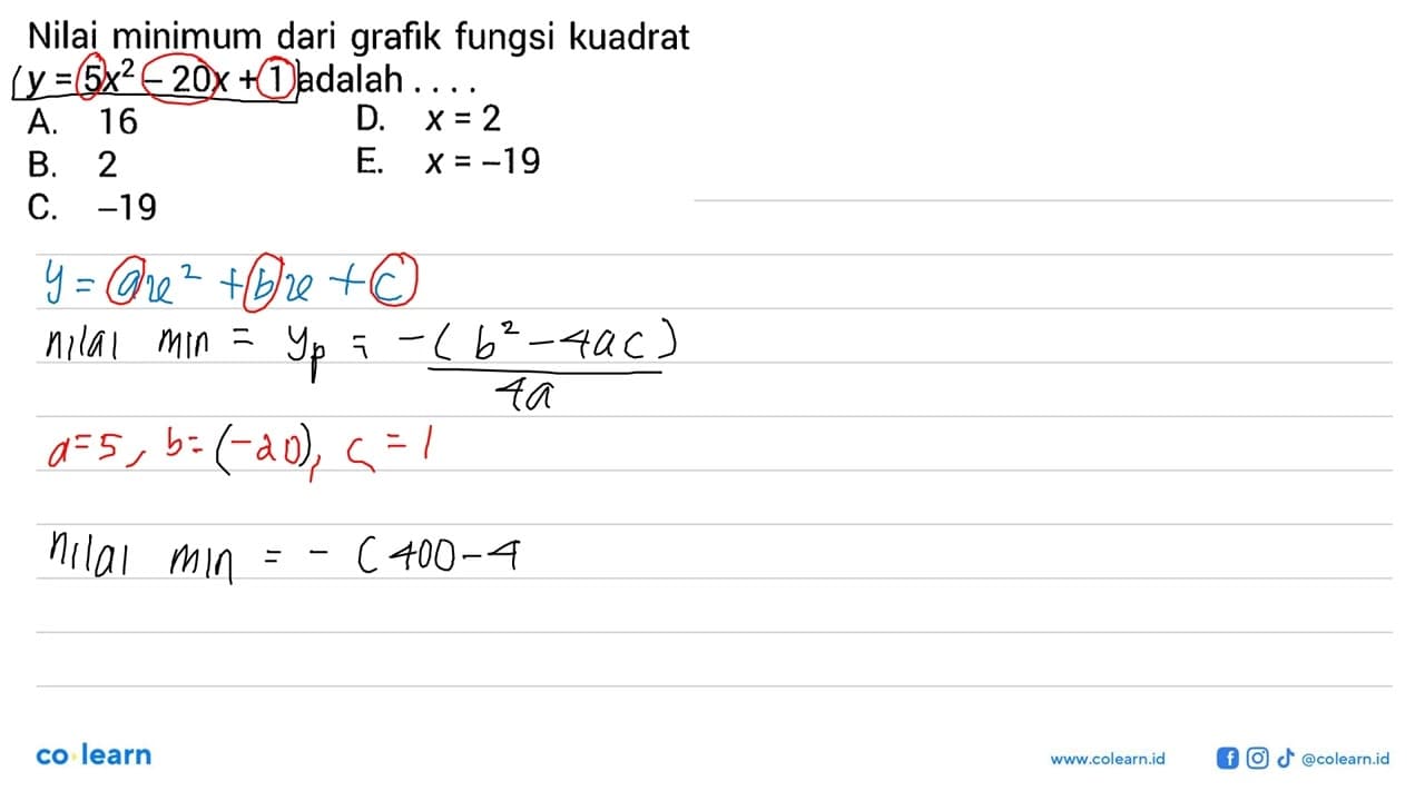 Nilai minimum dari grafik fungsi kuadrat y=5x^2-20x+1