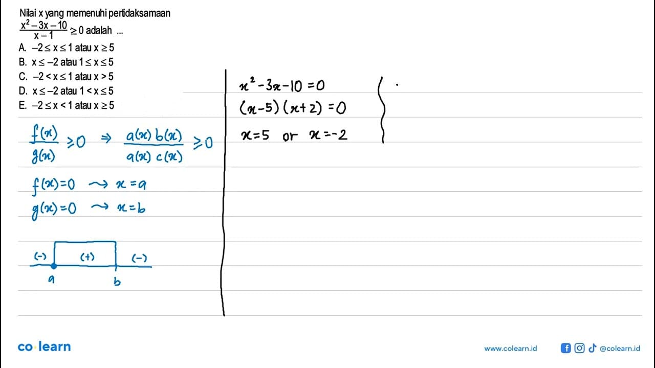 Nilai x yang memenuhi pertidaksamaan (x^2-3x-10)/(x-1)>=0