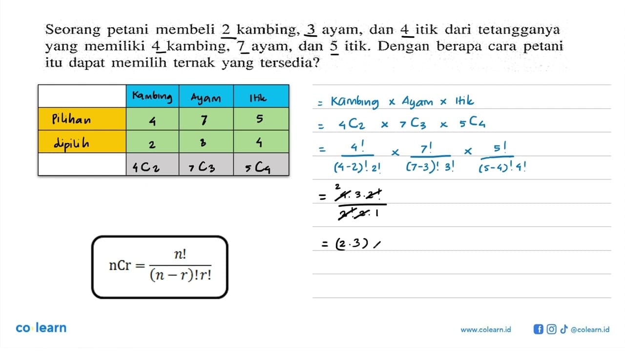 Seorang petani membeli 2 kambing, 3 ayam, dan 4 itik dari