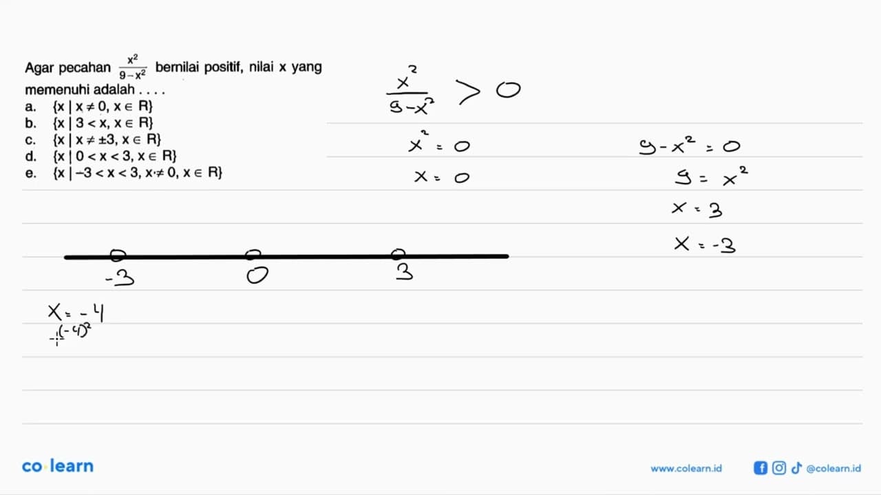 Agar pecahan x^2/9-x^2 bernilai positif, nilai x yang