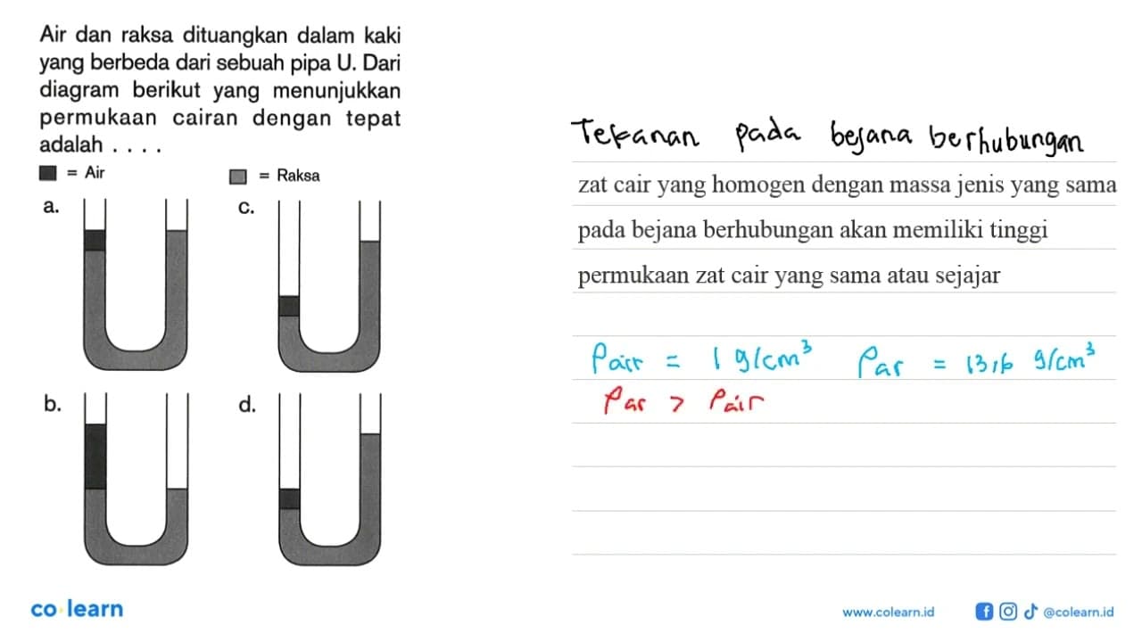 Air dan raksa dituangkan dalam kaki yang berbeda dari