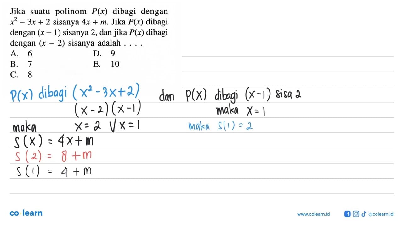 Jika polinom suatu P(x) dibagi dengan x^2-3x+2 sisanya