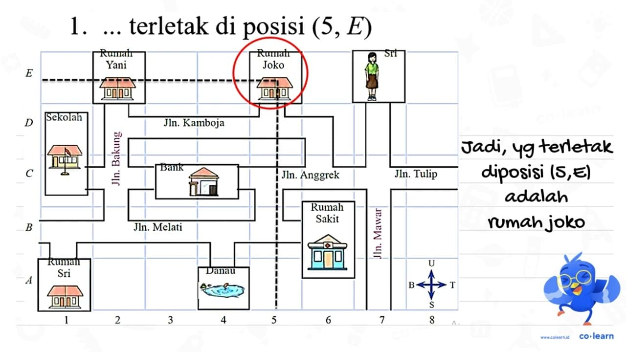 1. ... terletak di posisi (5, E) 2. Bank terletak di posisi