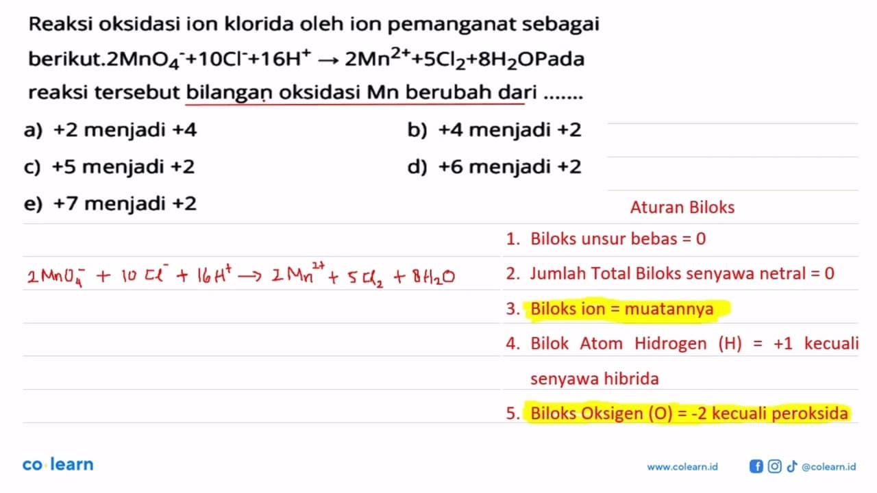 Reaksi oksidasi ion klorida oleh ion pemanganat sebagai