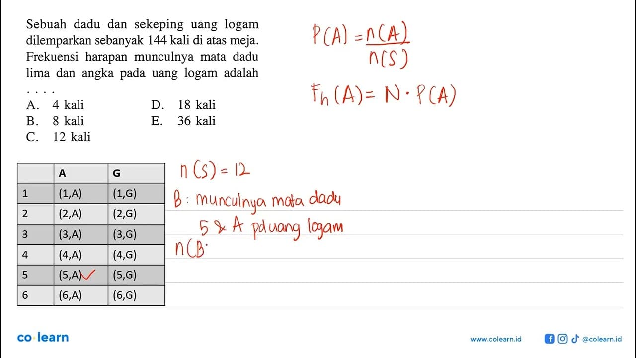 Sebuah dadu dan sekeping uang logam dilemparkan sebanyak