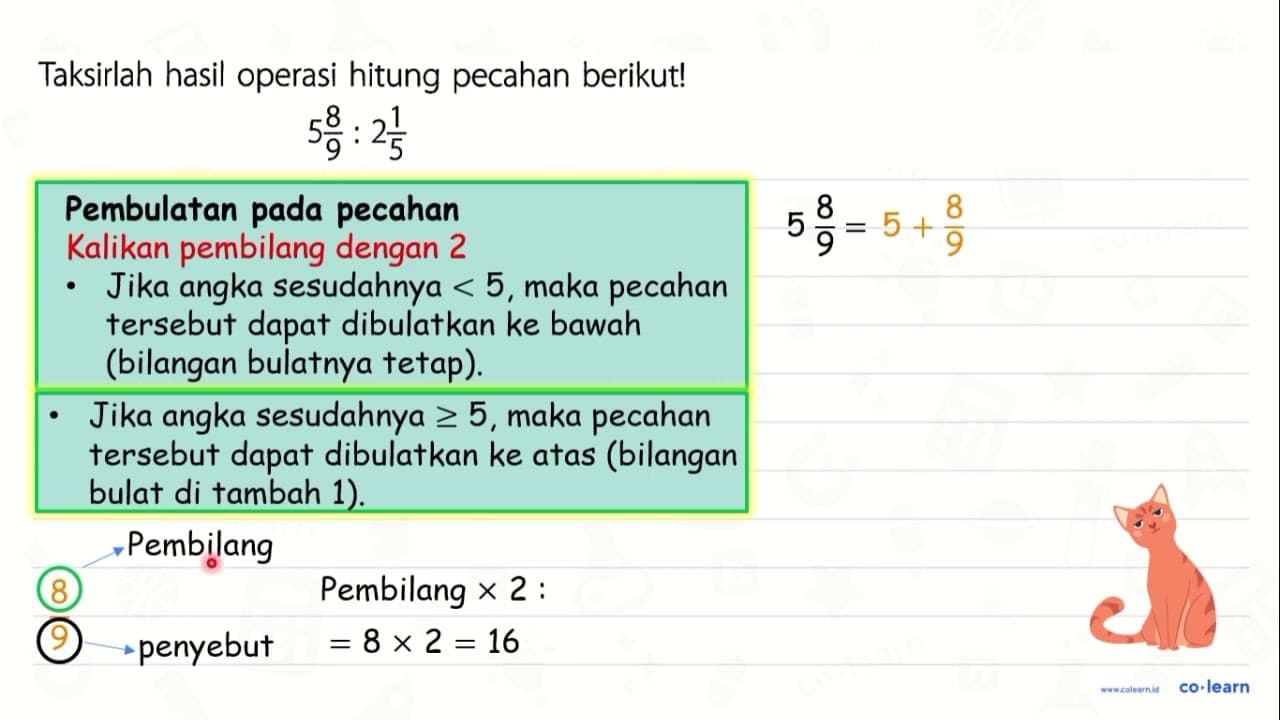 Taksirlah hasil operasi hitung pecahan berikut! 5 (8)/(9):