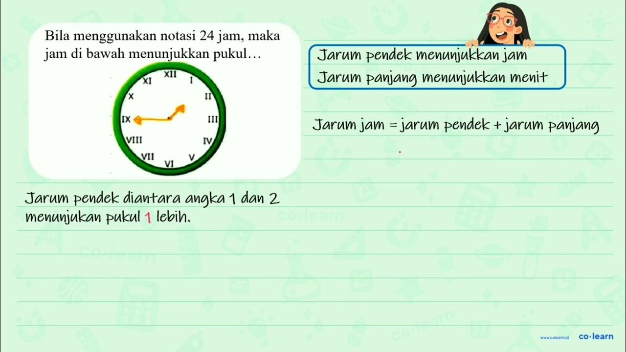 Bila menggunakan notasi 24 jam, maka jam di bawah