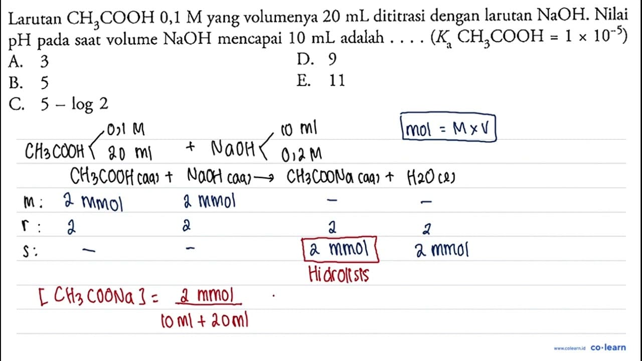 Larutan CH3COOH 0,1 M yang volumenya 20 mL dititrasi dengan