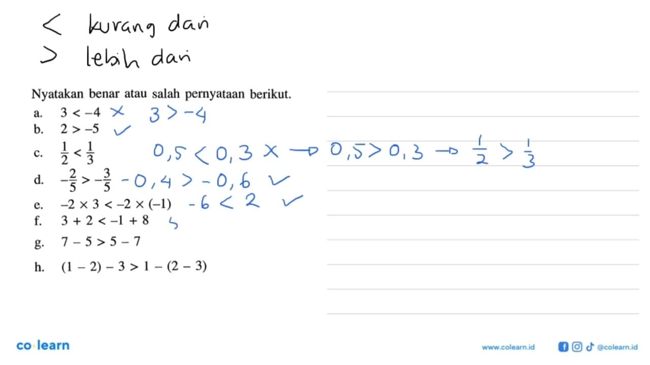 Nyatakan benar atau salah pernyataan berikut. a. 3 < -4 b.
