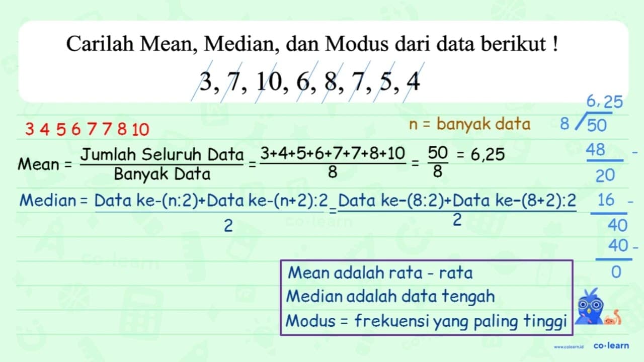 Carilah Mean, Median, dan Modus dari data berikut!