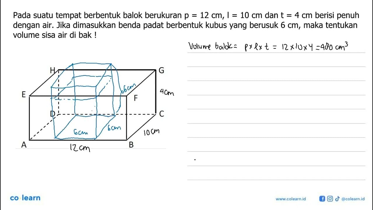 Pada suatu tempat berbentuk balok berukuran p=12 cm, 1=10