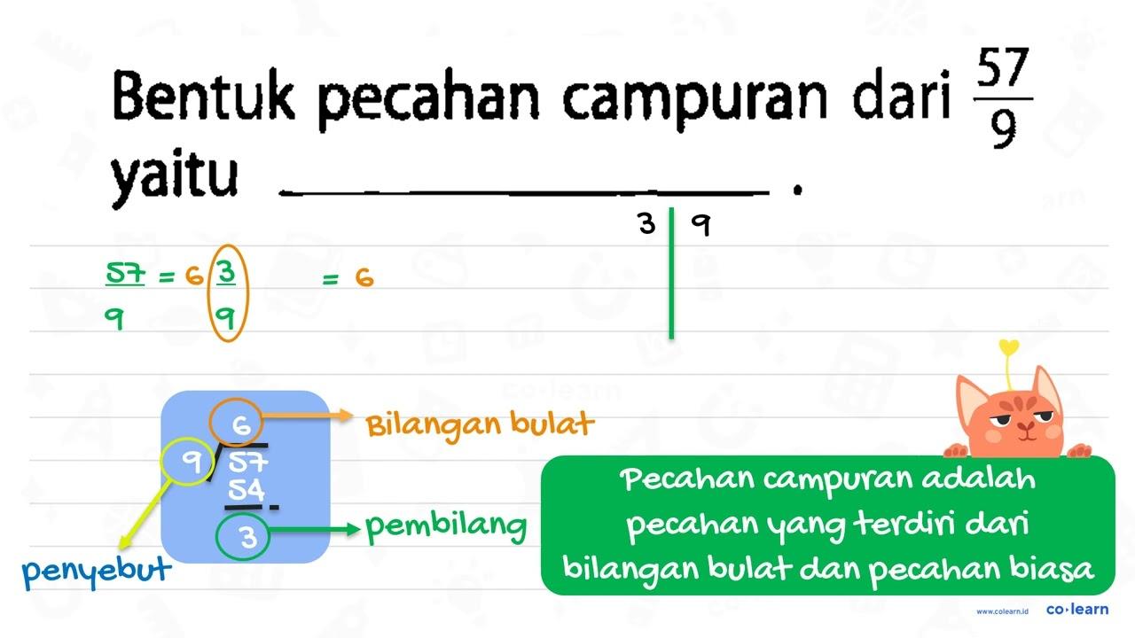 Bentuk pecahan campuran dari 57/9 yaitu _______________ .