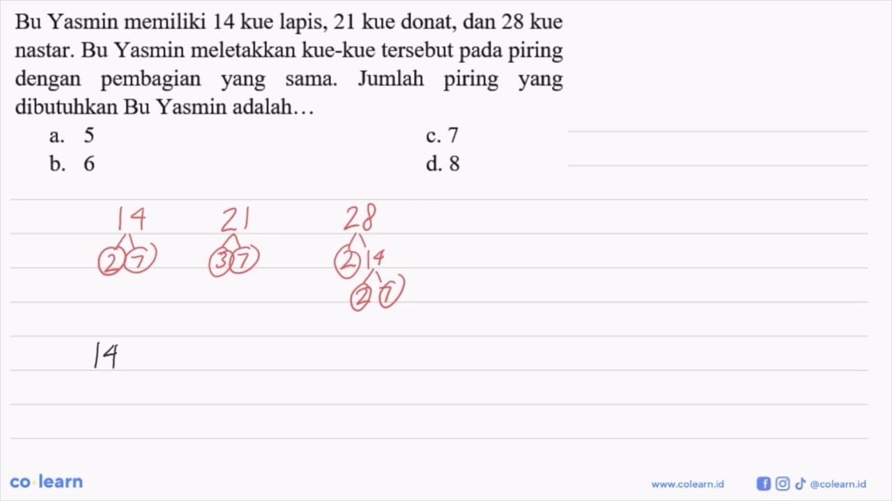 Bu Yasmin memiliki 14 kue lapis, 21 kue donat, dan 28 kue