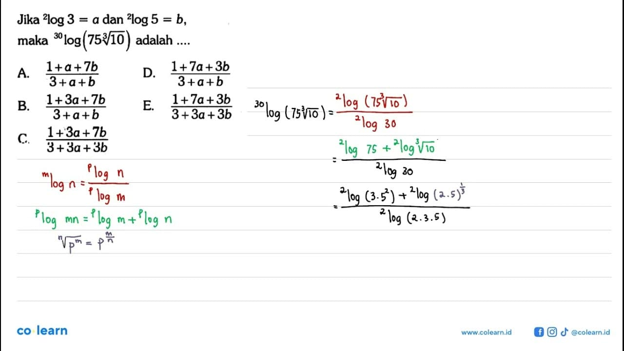 Jika 2log3=a dan 2log5=b, maka 30 log(75 10^(1/3)) adalah