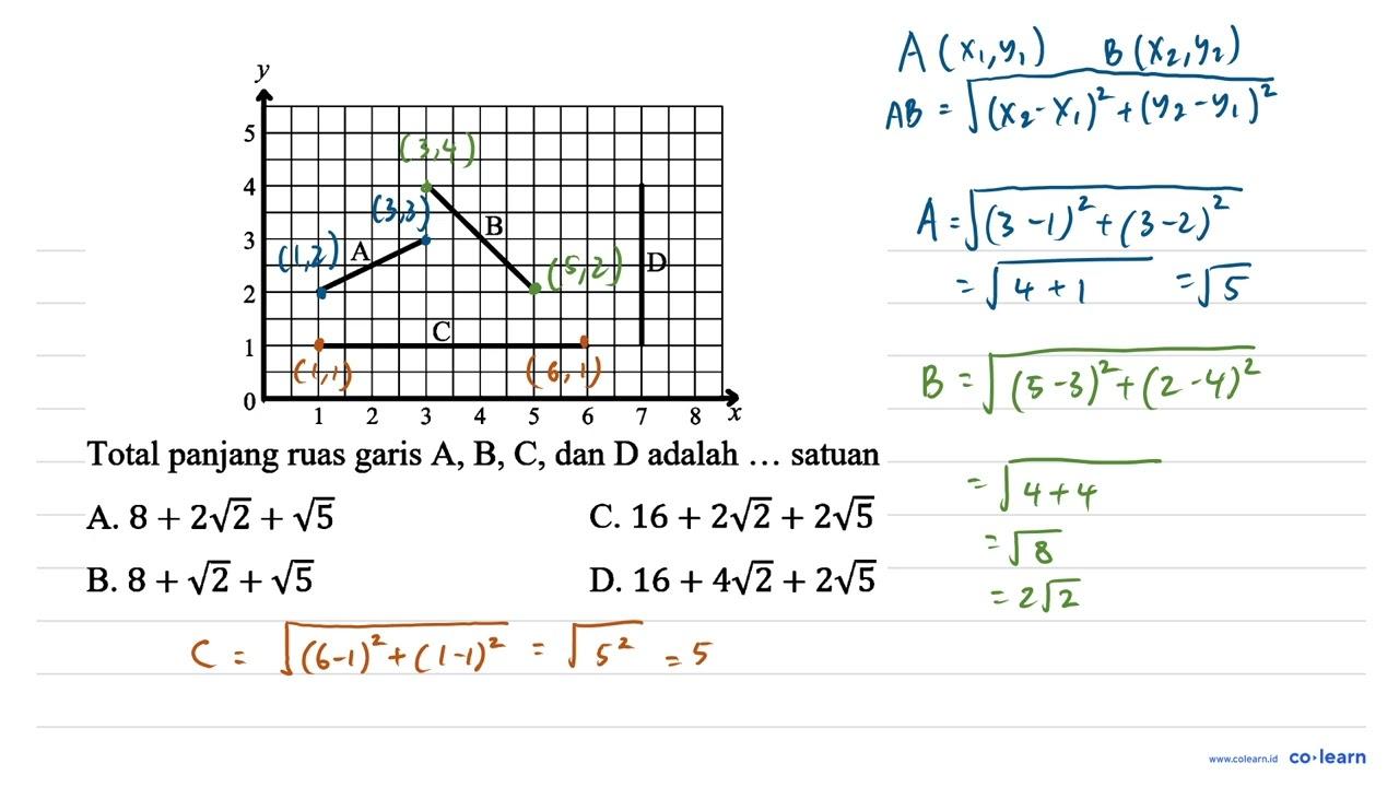 A B C D Total panjang ruas garis A, B, C , dan D adalah ...