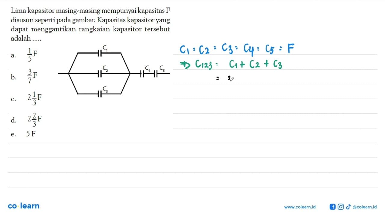 Lima kapasitor masing-masing mempunyai kapasitas F disusun