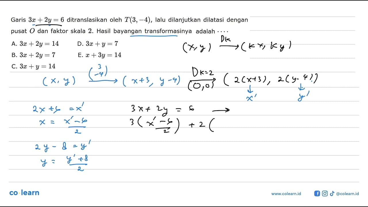 Garis 3x+2y=6 ditranslasikan oleh T(3, -4), lalu