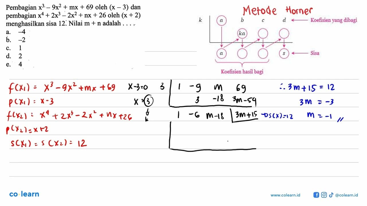 Pembagian x^3-9x^2+mx+69 oleh (x-3) dan pembagian