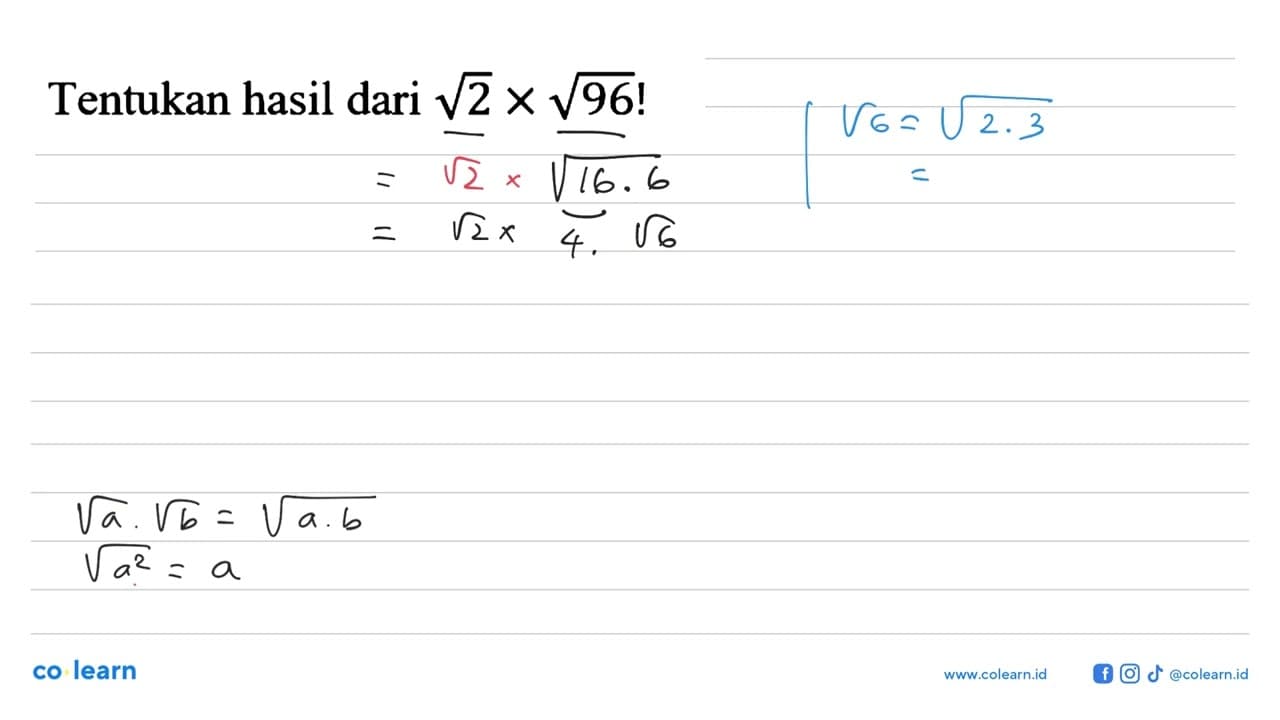 Tentukan hasil dari akar(2) x akar(96)!