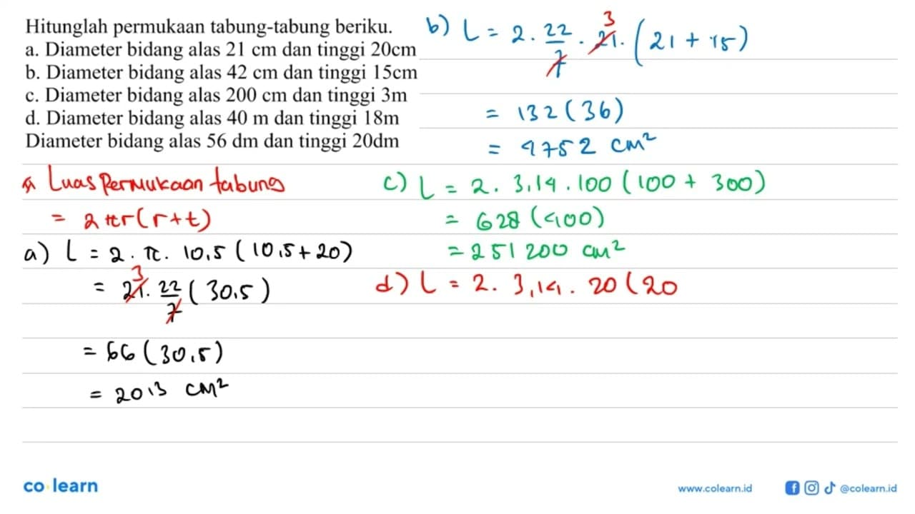 Hitunglah permukaan tabung-tabung beriku. a. Diameter