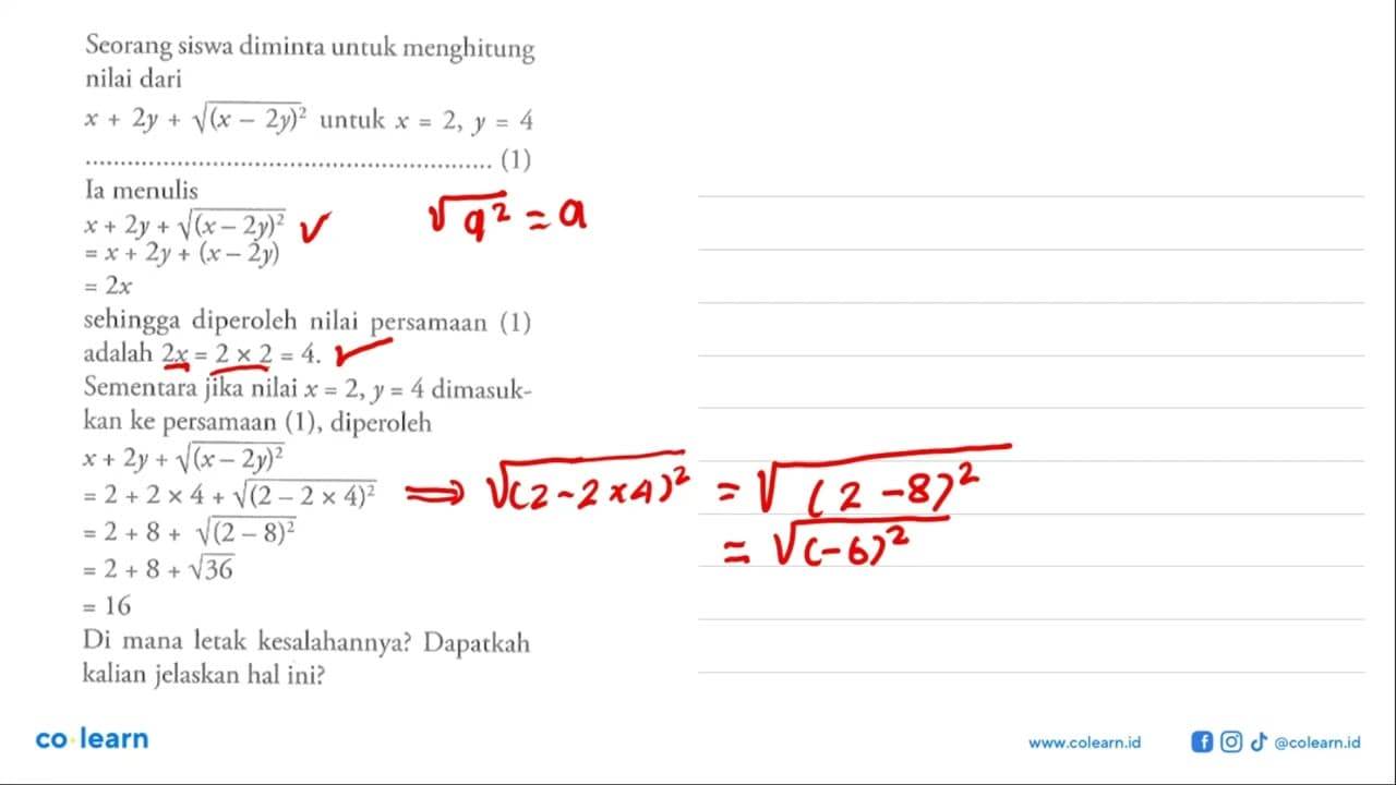 Seorang siswa diminta untuk menghitung nilai dari x + 2y +