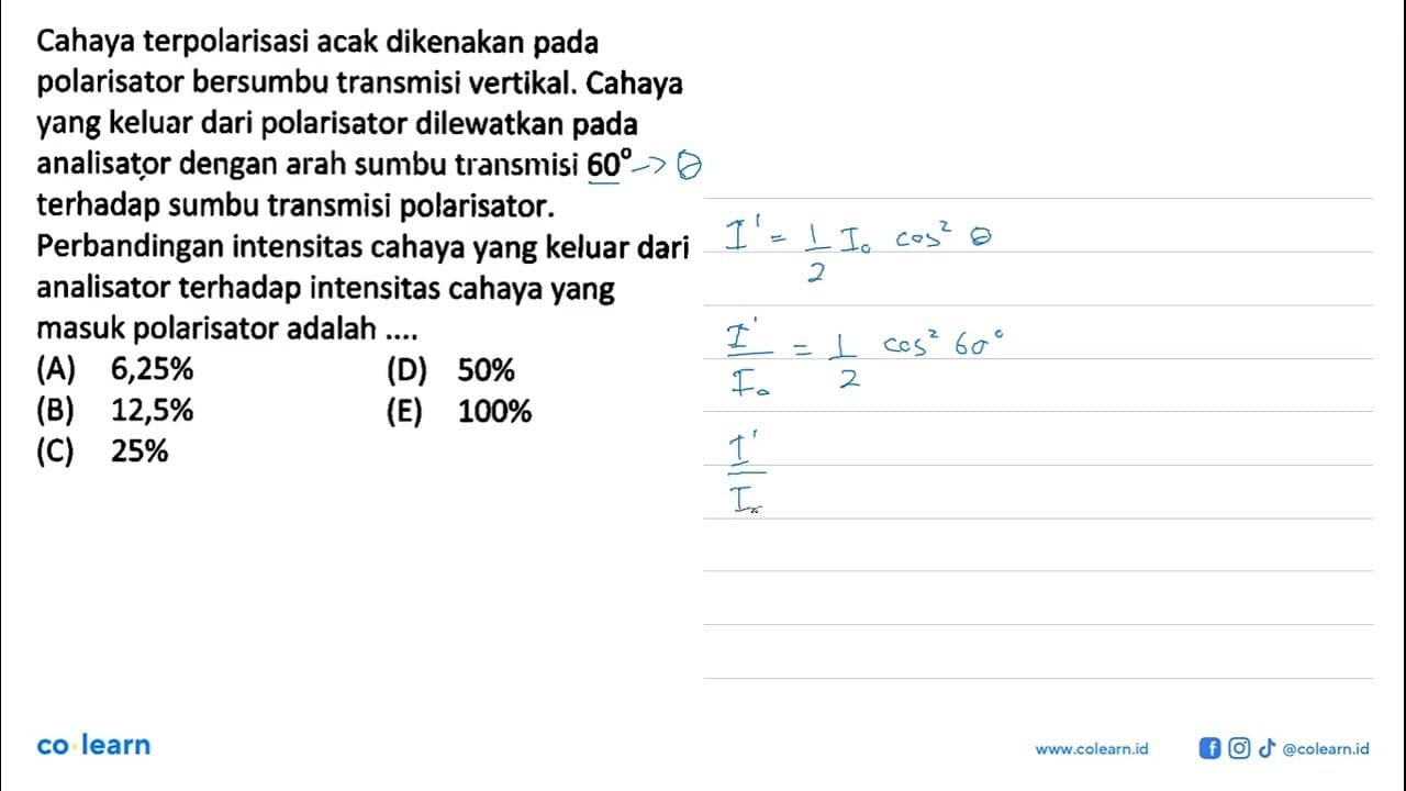 Cahaya terpolarisasi acak dikenakan pada polarisator