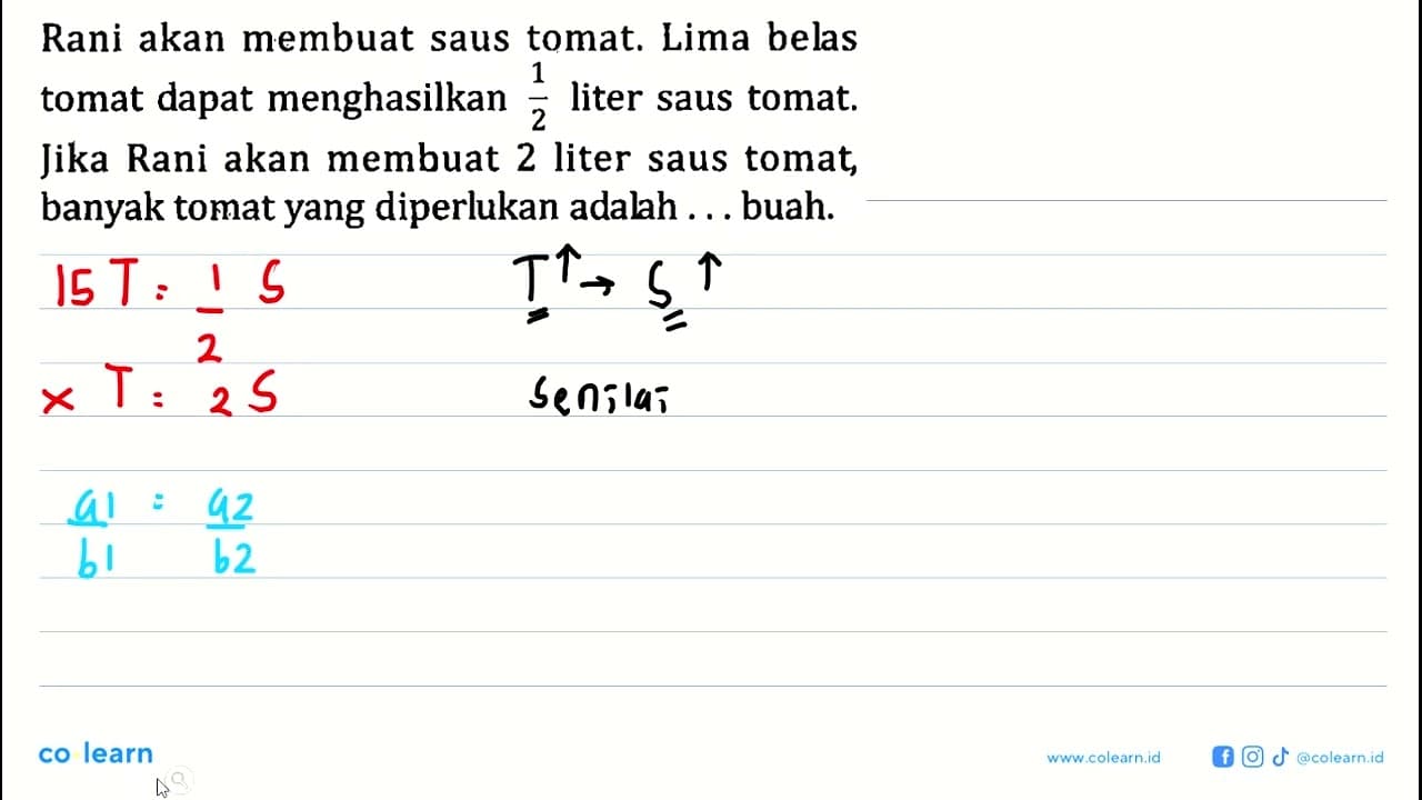 Rani akan membuat saus tomat. Lima belas tomat dapat