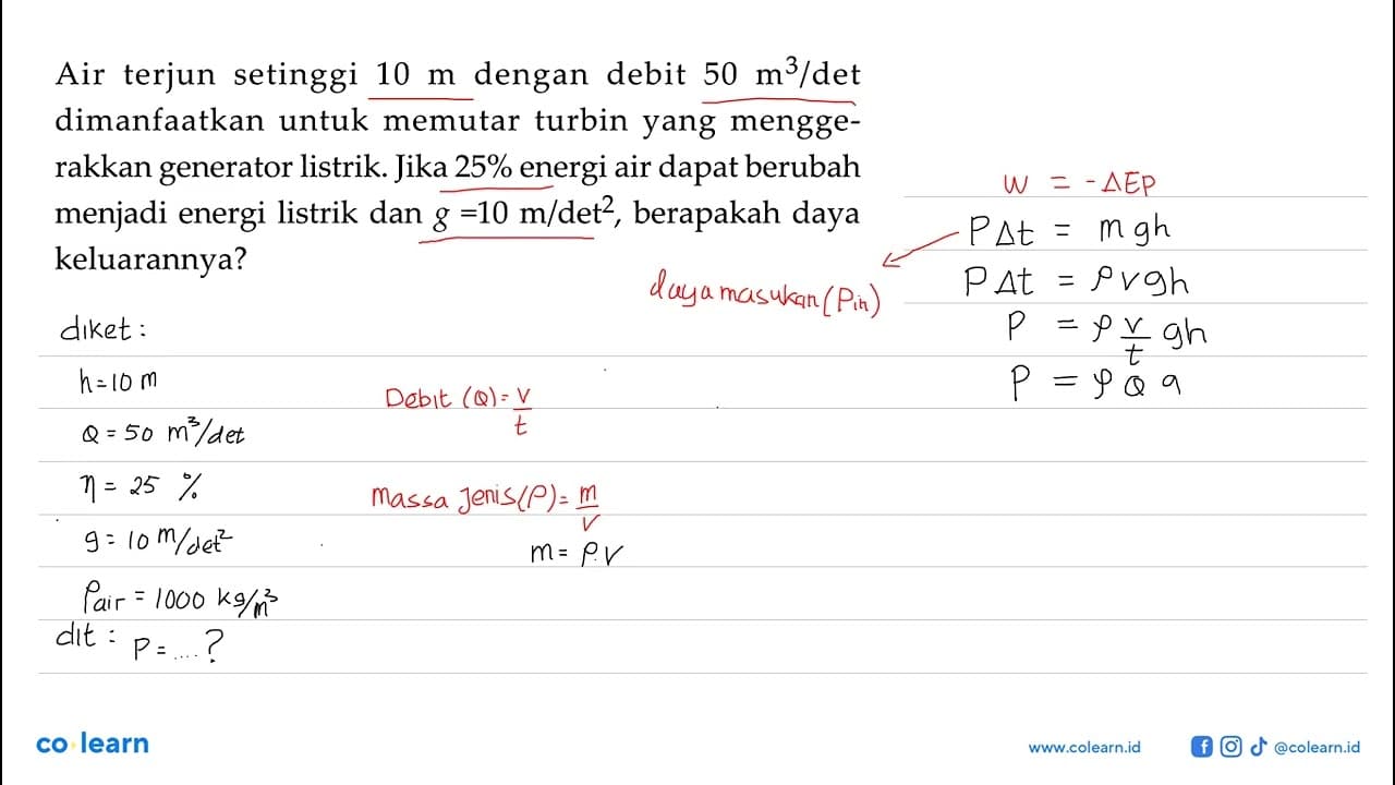 Air terjun setinggi 10 m dengan debit 50 m^3/det