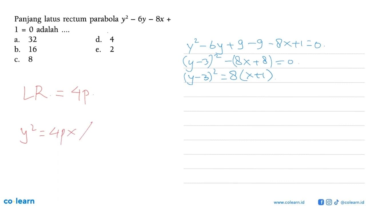 Panjang latus rectum parabola y^2-6y-8x+1=0 adalah ....