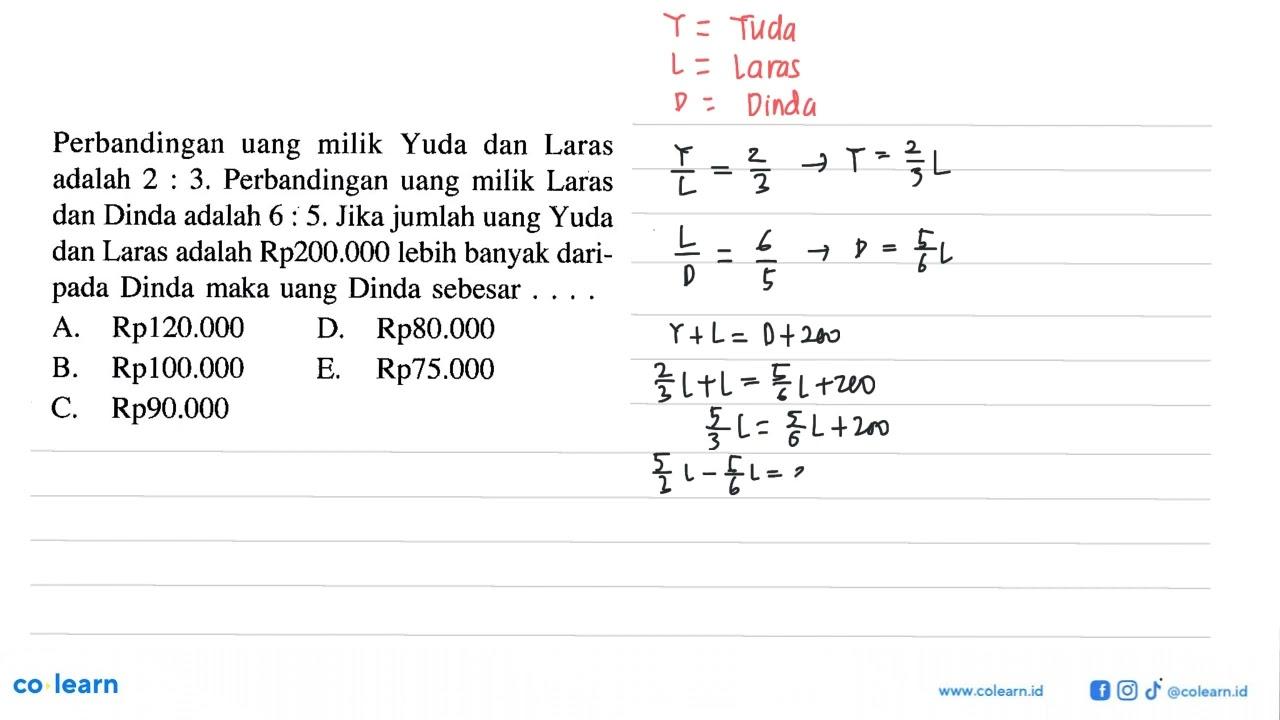 Perbandingan uang milik Yuda dan Laras adalah 2:3.