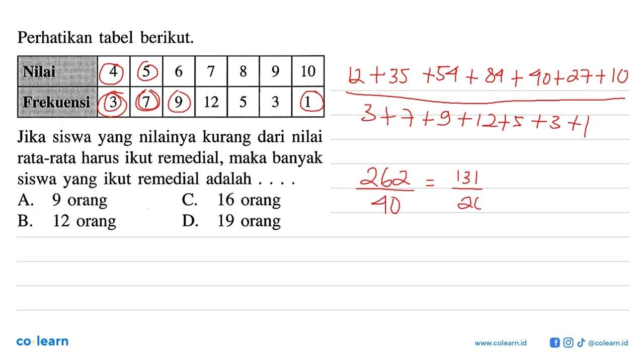 Perhatikan tabel berikut.Nilai 4 5 6 7 8 9 10 Frekuensi 3 7