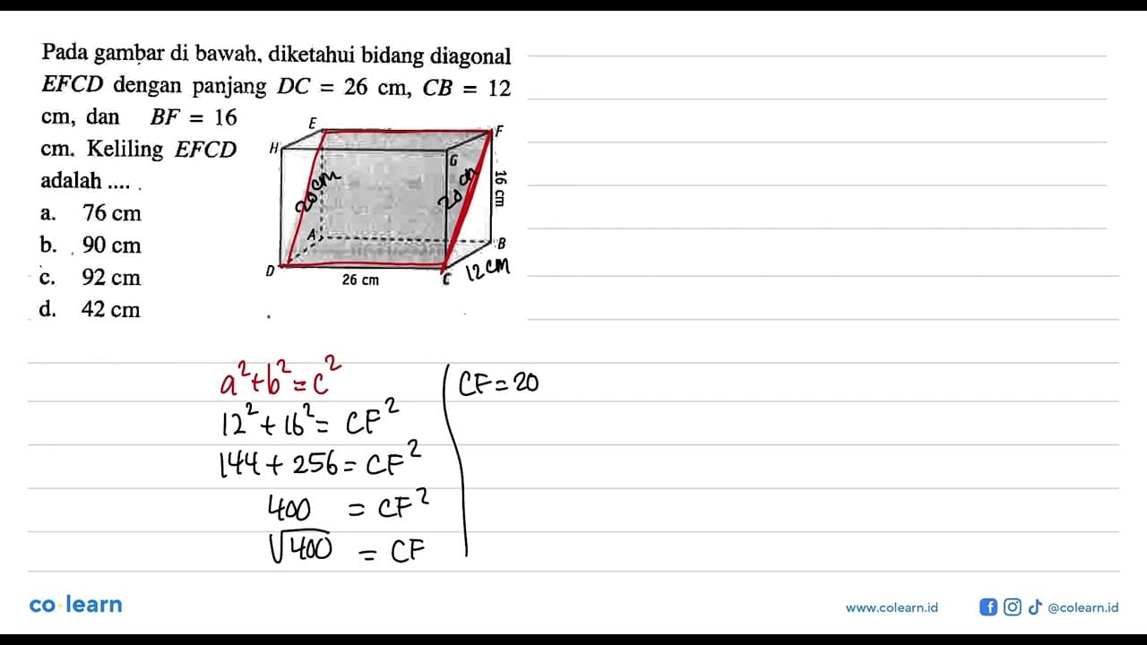 Pada gambar di bawah, diketahui bidang diagonal EFCD dengan
