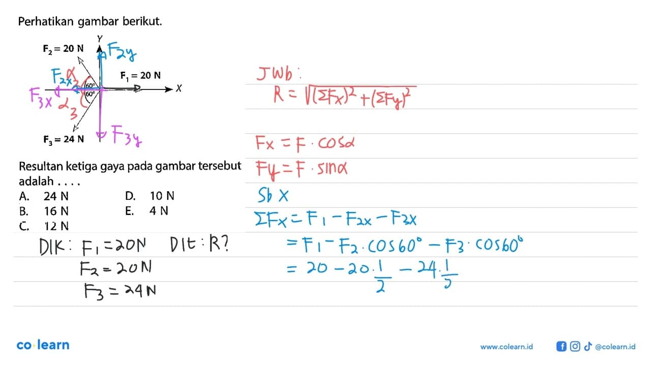 Perhatikan gambar berikut. F2=20 N 60 F3=24 N 60 F1=20