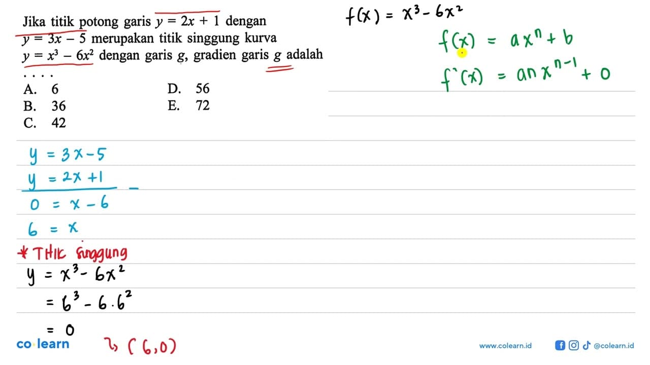 Jika titik potong garis y=2x+1 dengan y=3x-5 merupakan