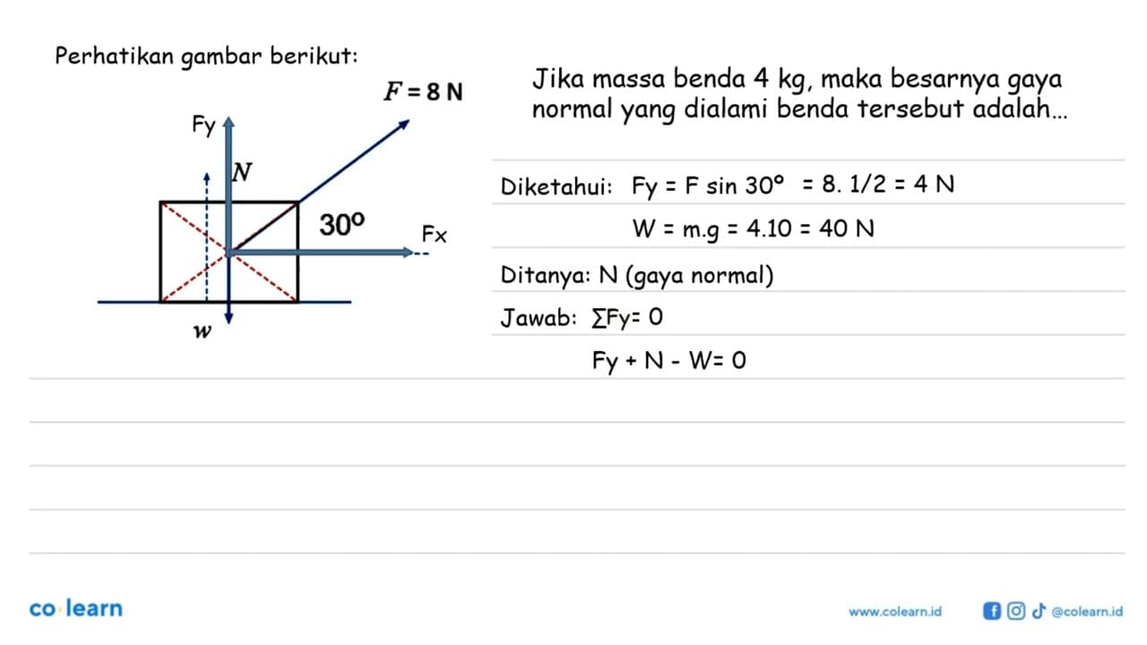 Perhatikan gambar berikut! F=8 N 30 w N Jika massa benda 4