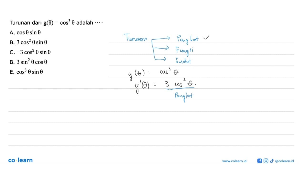 Turunan dari g(theta)=cos^3 theta adalah ...