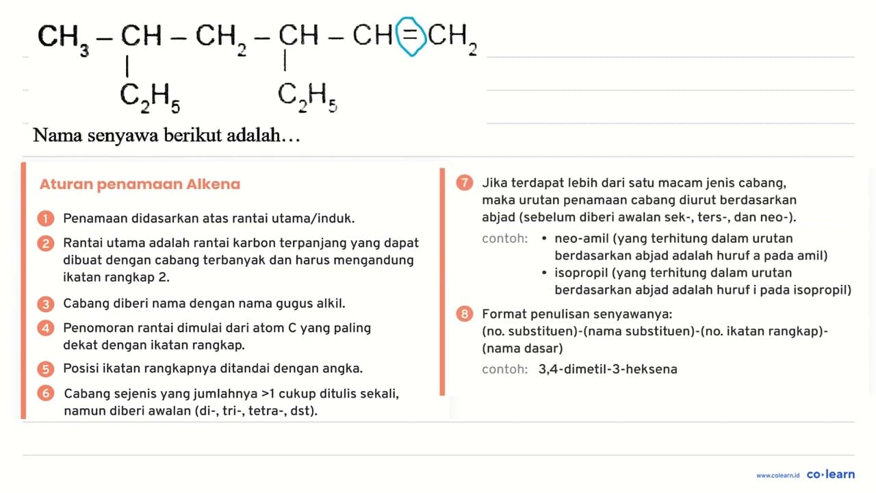 CH3 CH CH2 CH CH CH2 C2H5 C2H5 Nama senyawa berikut