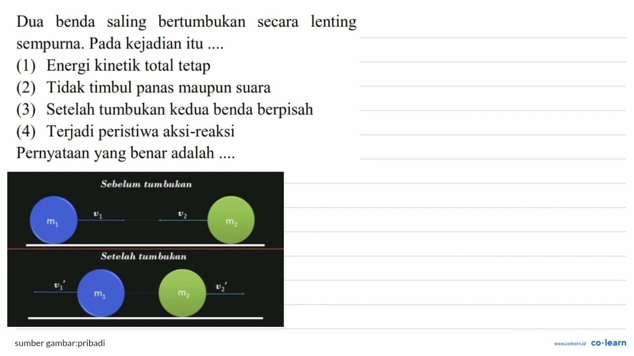 Dua benda saling bertumbukan secara lenting sempurna. Pada