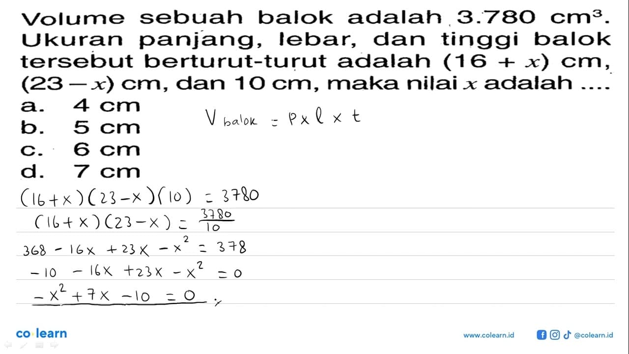 Volume sebuah balok adalah 3.780 cm^3. Ukuran panjang,