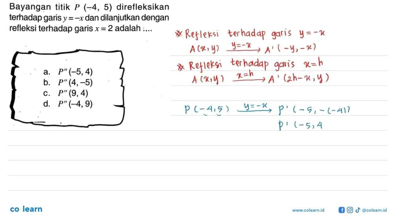 Bayangan titik P(-4,5) direfleksikan terhadap garis y=-x