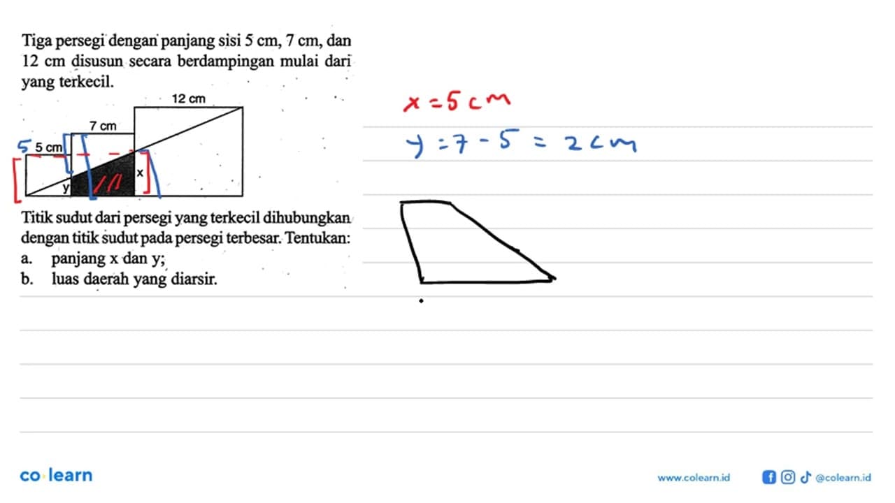 Tiga persegi dengan panjang sisi 5 cm, 7 cm, dan 12 cm