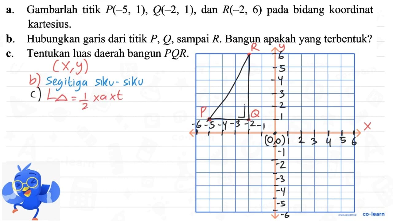 a. Gambarlah titik P(-5, 1), Q(-2, 1), dan R(-2, 6) pada