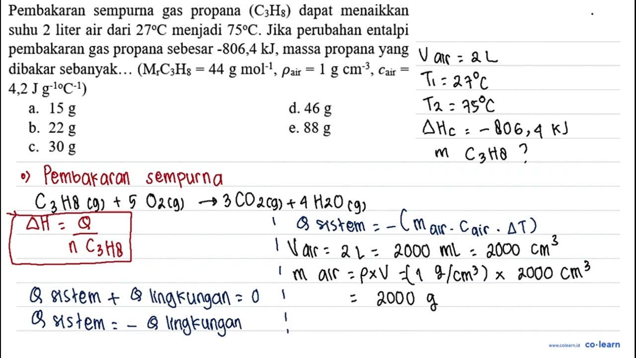 Pembakaran sempurna gas propana (C_(3) H_(8)) dapat