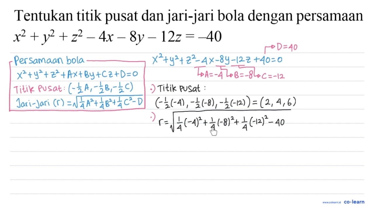 Tentukan titik pusat dan jari-jari bola dengan persamaan