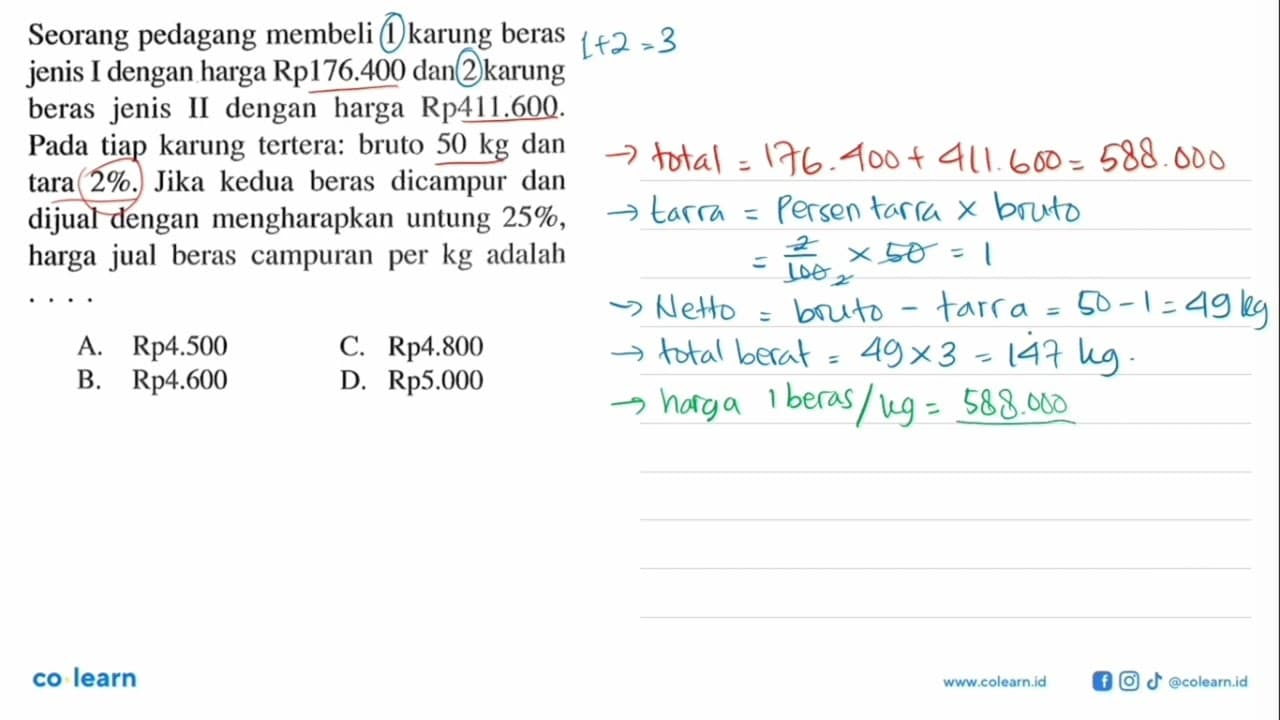 Seorang pedagang membeli 1 karung beras jenis I dengan